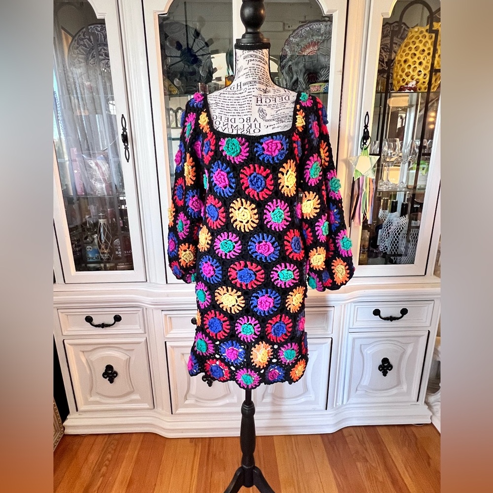 FARM Rio Colorful Crochet Flowers Sweater Mini Dress M